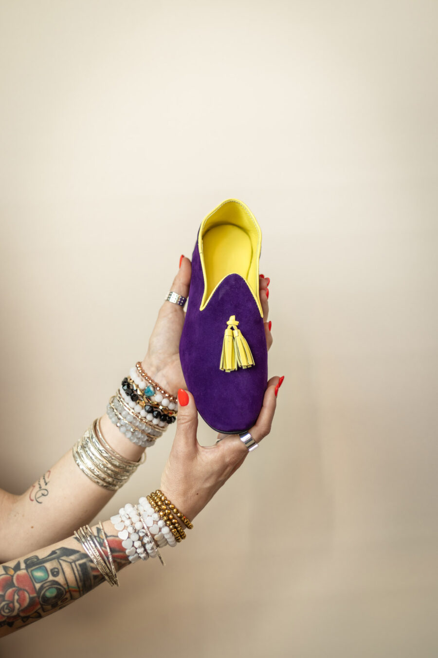 Mocassins slippers · violet & vert anis avec pompon