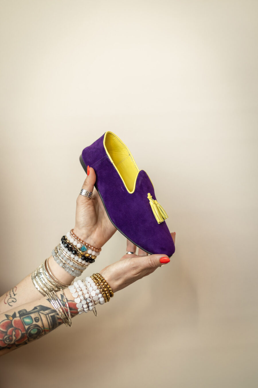 Mocassins slippers · violet & vert anis avec pompon – Image 4