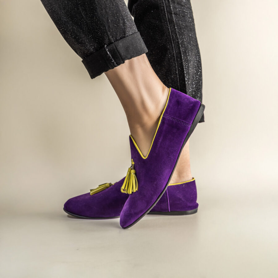 Mocassins slippers · violet & vert anis avec pompon – Image 2