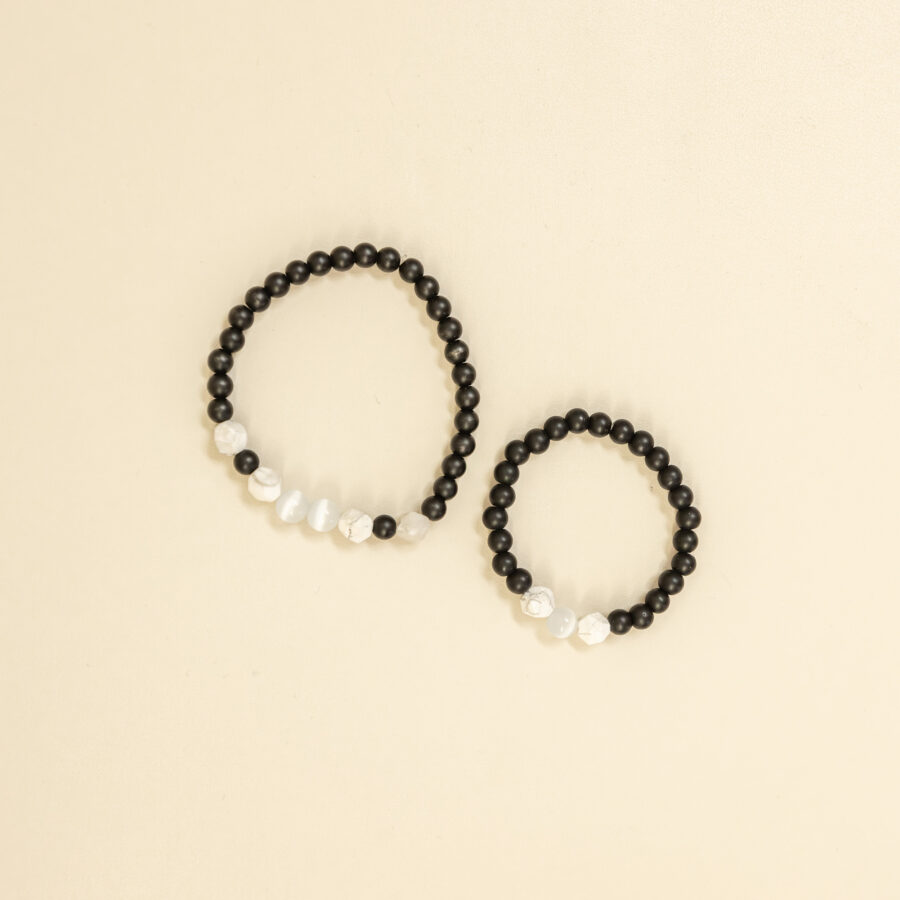 Duo père & fils – agate noire, œil de chat & howlite
