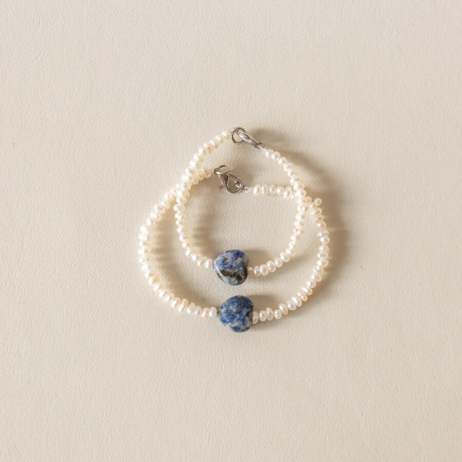 Bracelet duo maman/fille – perles & cœur en lapis-lazuli